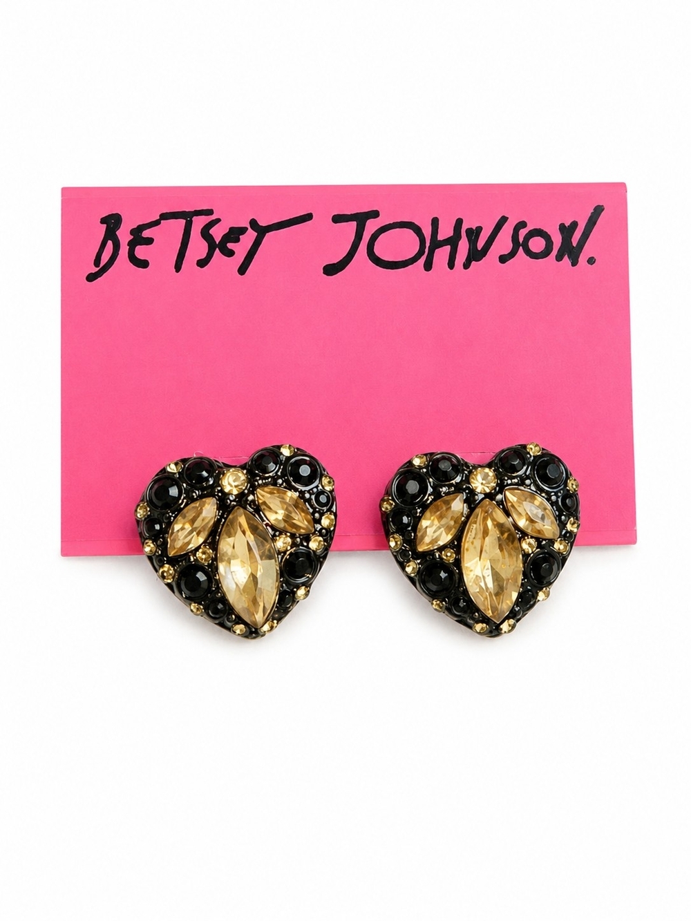 Betsey Johnson Black and Gold Heart Crystal Earrings